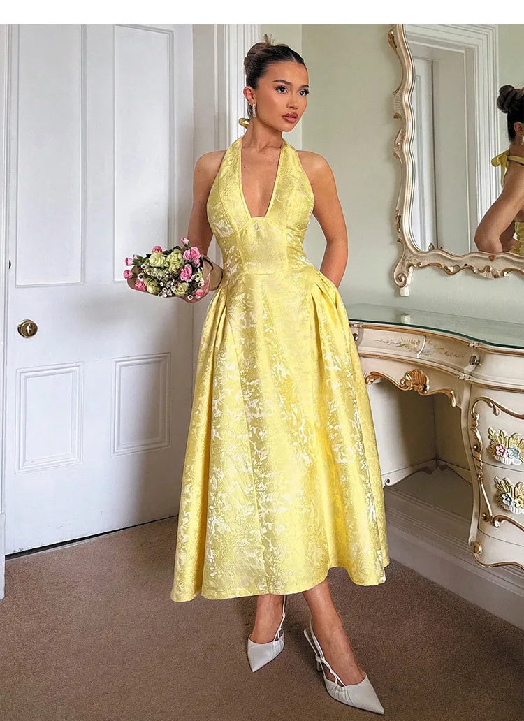 Evening Party Dresses Women Summer Sexy Bow Halter Long Dress Elegant Jacquard Lace Up Backless Birthday Robe