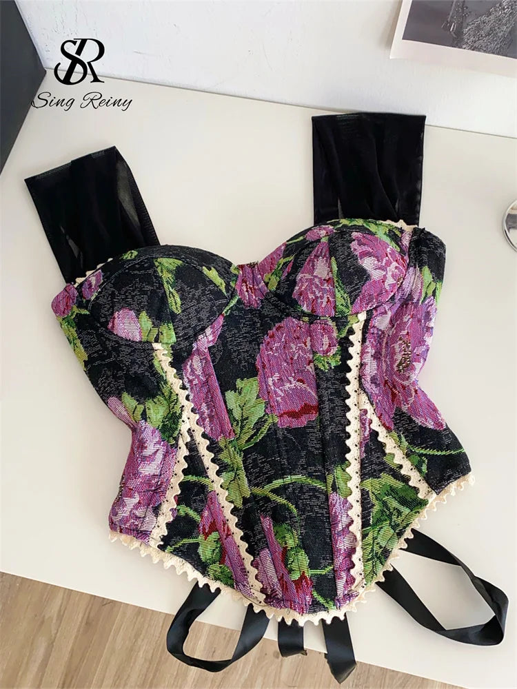 SINGREINY American Retro Print Evening Camisole Female Strap Lace Spliced Slim Top 2025 Streetwear Floral Vintage Beach Tank Top
