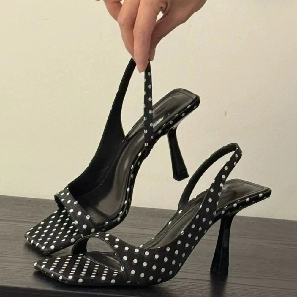 Fashion Brand Designer Heeled Sandals Women Polka Dot Square Toe Summer Open Toe Sexy Banquet Party Elegant Comfort Office Heels