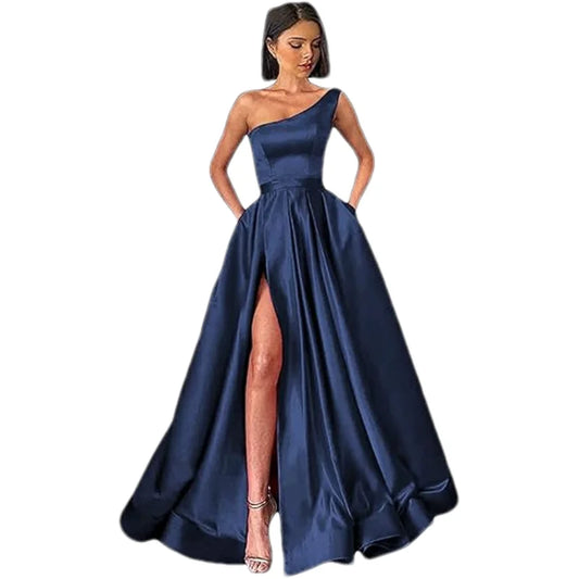 Customized Women's One Shoulder Prom Dresses Long Ball Gown High Slit Satin Corset Formal Dress Evening Gowns with Pockets