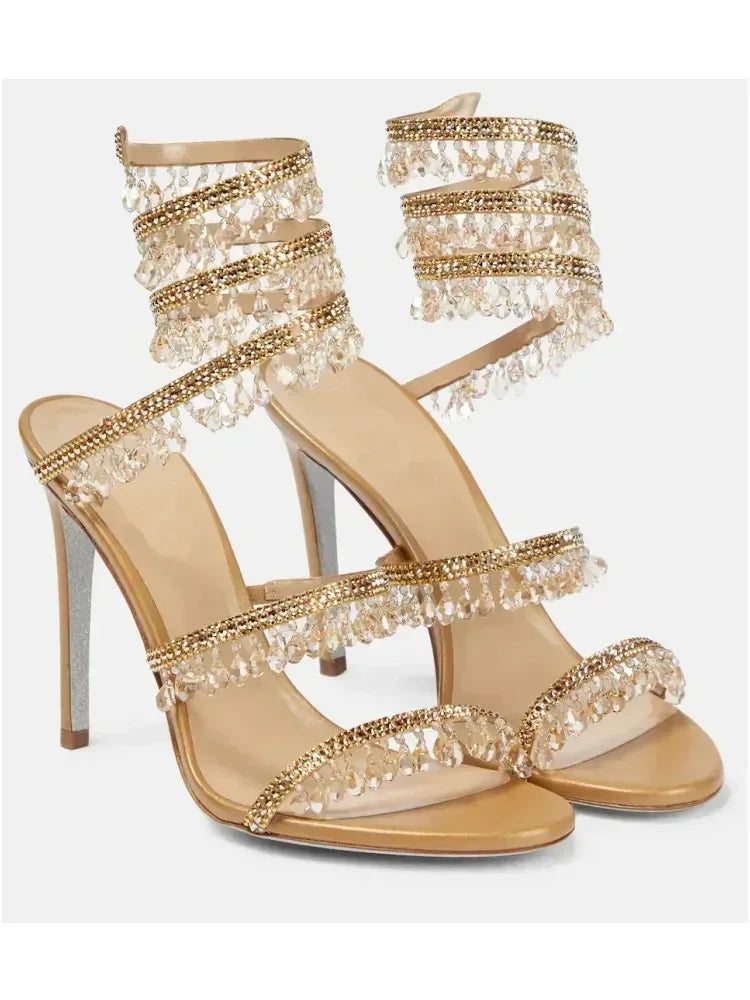 2024Women's New Water Diamond Sandals Fashion Tassel Crystal Shoes Sexy Banquet Party Twin Stiletto Women's Large Sandals