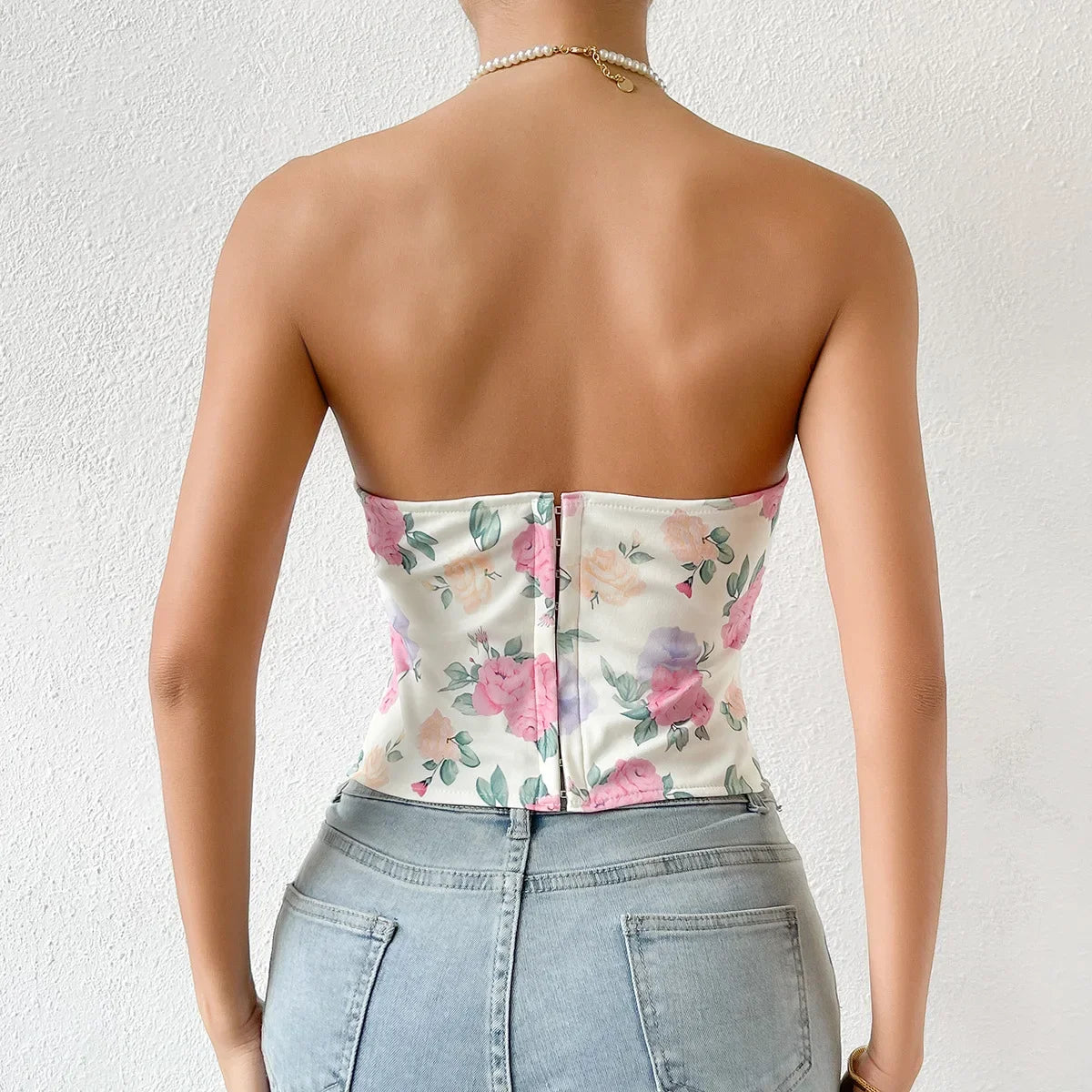 Women Floral Top Sexy Spicy Girl Tank Top Low cut Open Back Flower Wrapped Chest Diamond Fish Bone Strap Waist Vest Tank Top Y2K