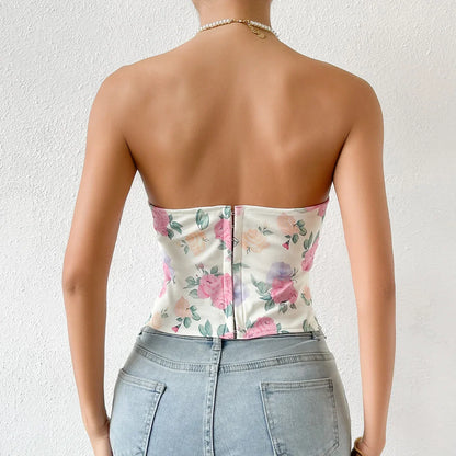 Women Floral Top Sexy Spicy Girl Tank Top Low cut Open Back Flower Wrapped Chest Diamond Fish Bone Strap Waist Vest Tank Top Y2K