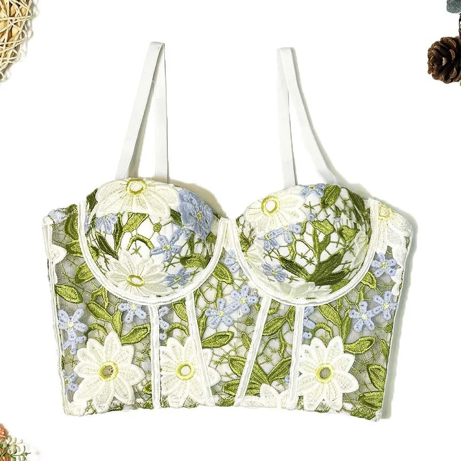 Women Crocheted 3D Lace Corset Stylish Floral Embroidery Bustier Push Up Bra Lady Tank Top Elegant Cropped Top Club Party Bralet