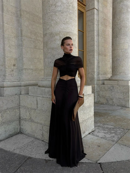 Mozision Hollow Out Short Sleeve Sexy Maxi Dress Women Fashion O Neck Ruched High Waist Bodycon Club Party Long Dress Female