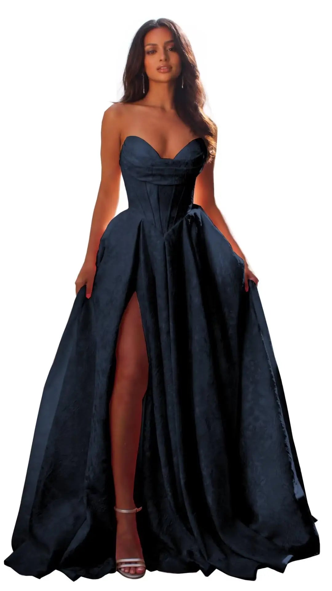 Women Elegant Jacquard Satin Prom Dresses with Slit Strapless Corset A Line Long Formal Gowns Evening Gowns Party Dresses