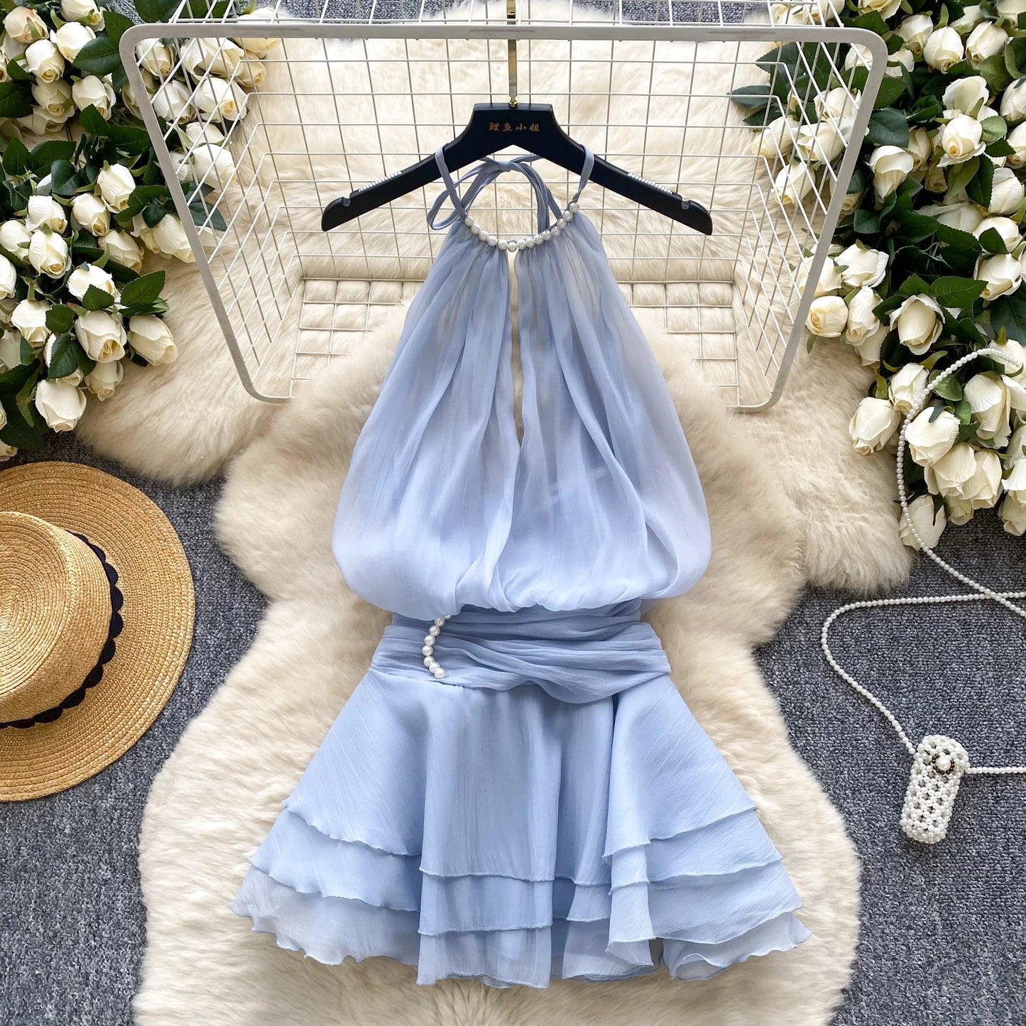 SINGREINY Strap Chiffon Mini Dress Female Pearl Halter Sleeveless Backless Sexy Design Fairycore Vacation Summer Ruffles Dress