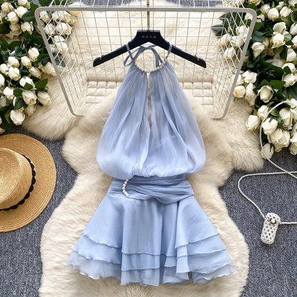 SINGREINY Strap Chiffon Mini Dress Female Pearl Halter Sleeveless Backless Sexy Design Fairycore Vacation Summer Ruffles Dress