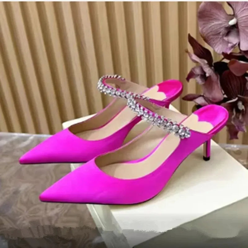 Women's Sandals 2026 New High Heels Fashion Water Diamond Chain Banquet Pointed Fine Heels Women's Muller Shoes
