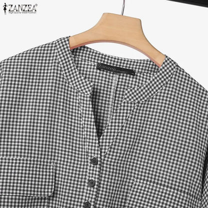 Women Pants Sets ZANZEA Fashion Summer 2 Piece Sets Plaid Outfits Casual Half Sleeve Blouse Wide Leg Trousers Street Tracksuit