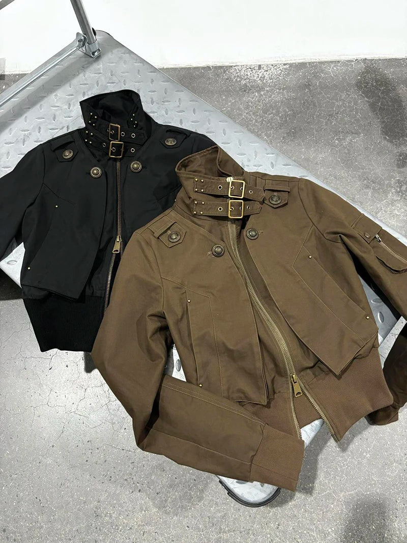 MEXZT Y2K Cropped Black Jacket Women Harajuku Vintage Stand Collar Coat Autumn Streetwear Grunge Long Sleeve Zipper Outerwears