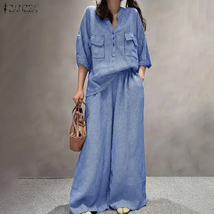 Women Pants Sets ZANZEA Fashion Summer 2 Piece Sets Plaid Outfits Casual Half Sleeve Blouse Wide Leg Trousers Street Tracksuit