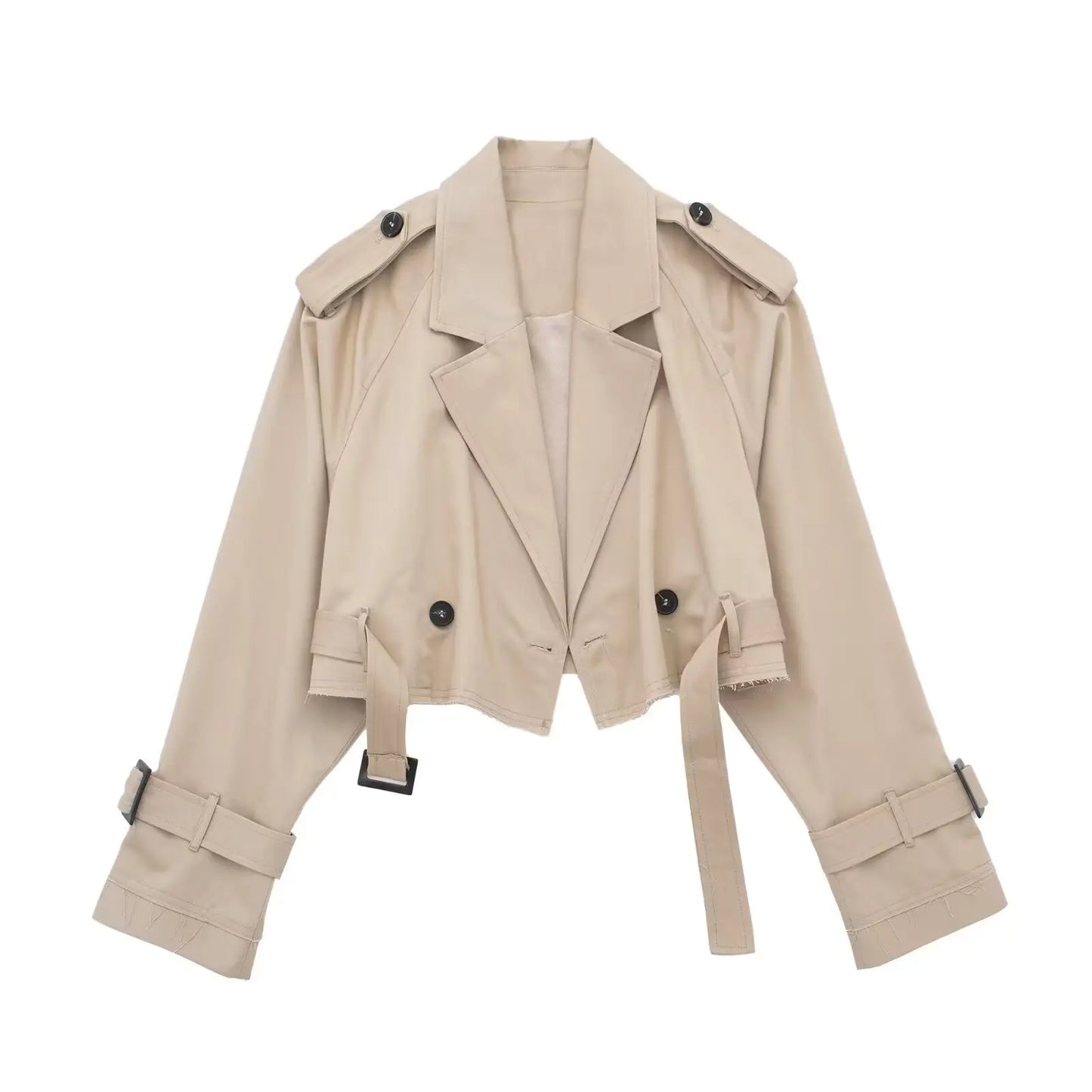 HH 2025 Women Belt Cropped Trench Spring Jacket Vintage Streetwear Double Breasted Long Sleeve Top Female Coat Outfits