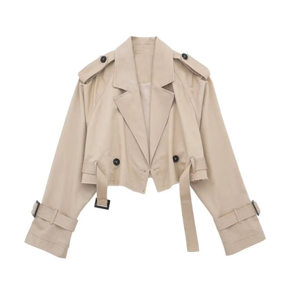 HH 2025 Women Belt Cropped Trench Spring Jacket Vintage Streetwear Double Breasted Long Sleeve Top Female Coat Outfits