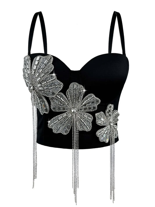 Fashion Women Diamonds Embroidery Flowers Tassel Bustier Corset Crop Tops To Wear suspender vest
