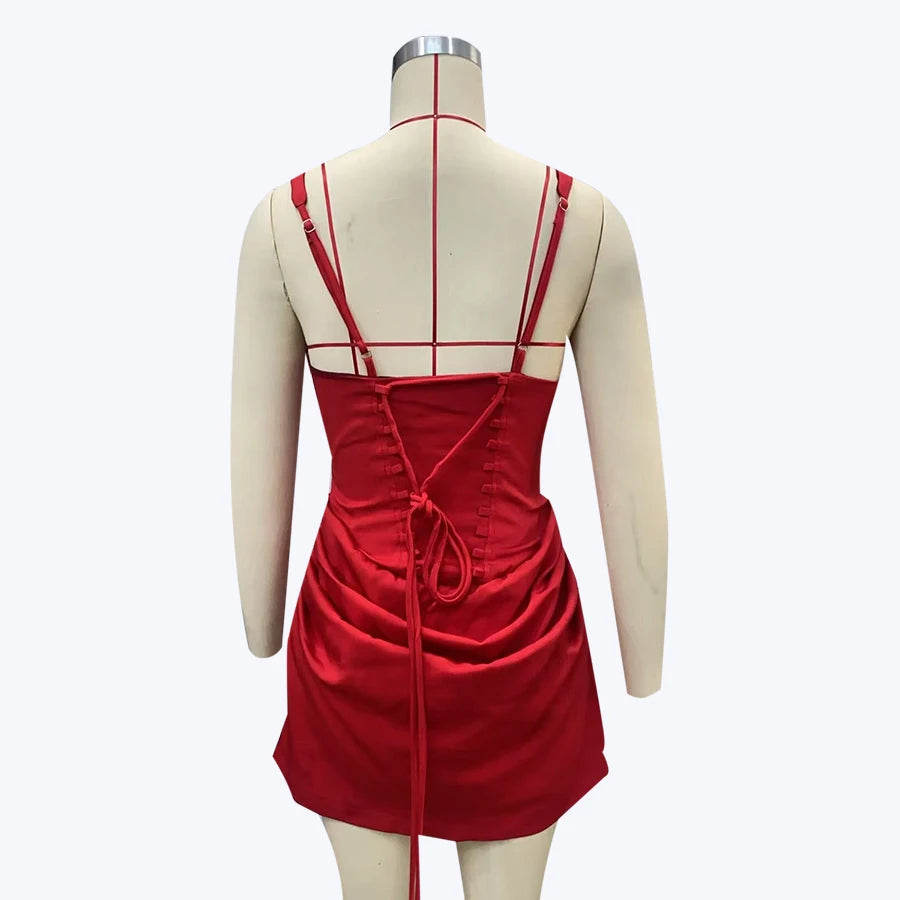 French Style Women Ruched Short Dress Fashion Summer Party Evening Gown Spaghetti Strap Bodycon Sexy Bandage Corset Mini Dress