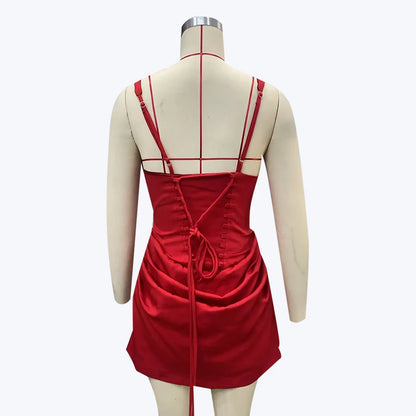 French Style Women Ruched Short Dress Fashion Summer Party Evening Gown Spaghetti Strap Bodycon Sexy Bandage Corset Mini Dress