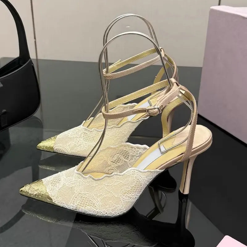 2026 Fashion Lace Sequin Hollow Out Mesh Women Pumps Sexy Pointed Toe Designer Low Heels Slingback Sandals Ladies Shoes