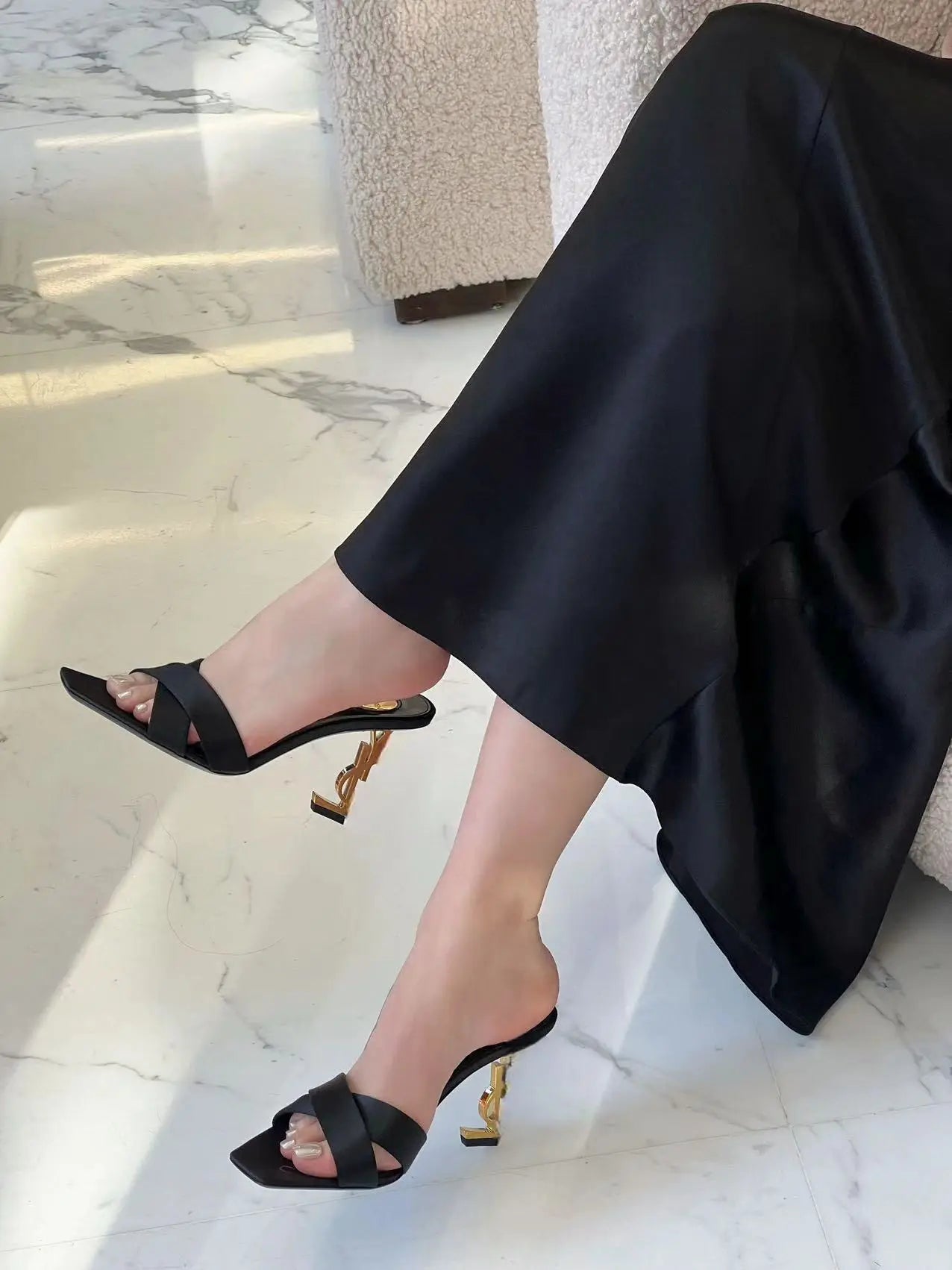 New 2026 Women's Fashionable Silk Satin Cross Band Metal Letter Heel Square Head High Heel Sandals Open Toe Stylish Pointed Toe