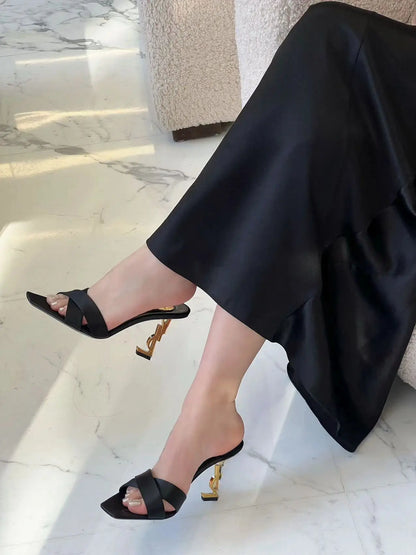 New 2026 Women's Fashionable Silk Satin Cross Band Metal Letter Heel Square Head High Heel Sandals Open Toe Stylish Pointed Toe
