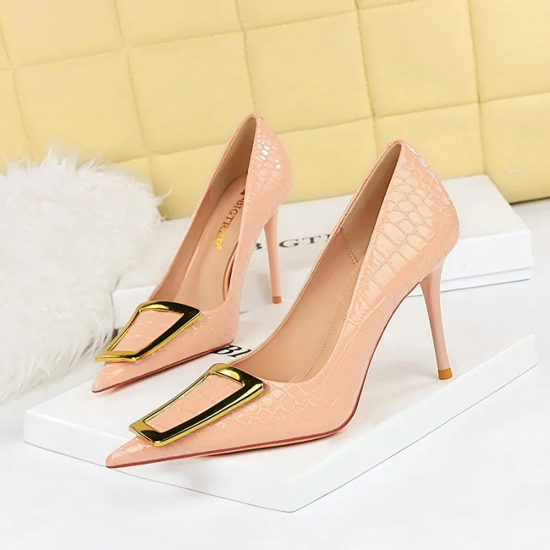 2025 BIGTREE Metal Decoration Buckle Fashion Pumps Women Elegant Snakeskin Print 10cm High Heels Party Ladies Shoes