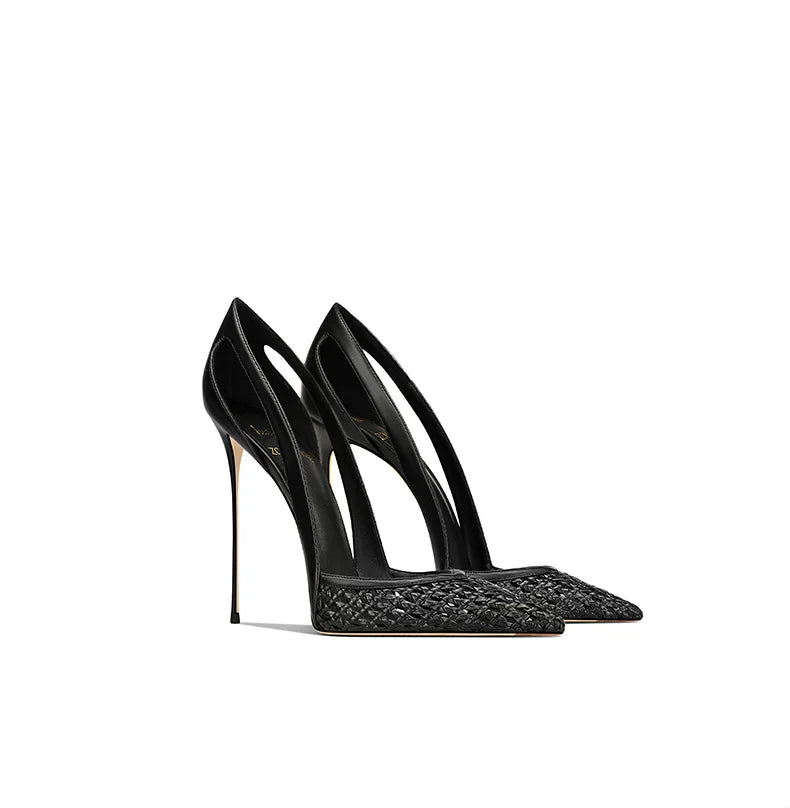 Summer New Women's Black Leather Woven Fashionable and Sexy Pointed Thin Heel High-heeled Shoes