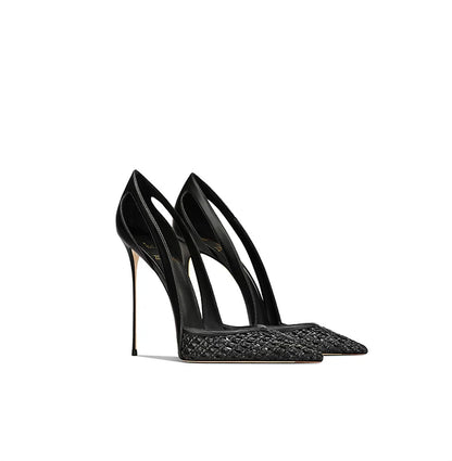 Summer New Women's Black Leather Woven Fashionable and Sexy Pointed Thin Heel High-heeled Shoes