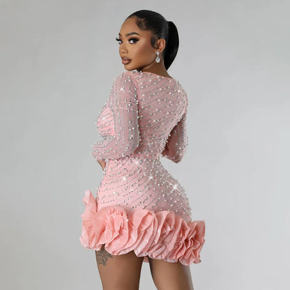 CM.YAYA Spring Women Long Sleeve Ruffles Hot Drilling Bead Short Dress Sexy Night Club Evening Birthday Mini Dresses Vestidos