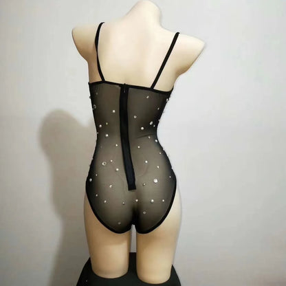 Women Sexy Pearl Strap Drag Queen Rhinestone Bodysuits Birthday Outfit Leotard Black Stage Wear 2025