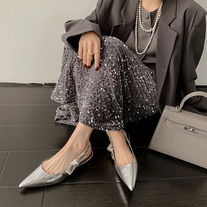 New Summer Low Block Heel Suede Pointed Toe Low-Cut Flats with Letter Back Strap Closed-Toe Sandals