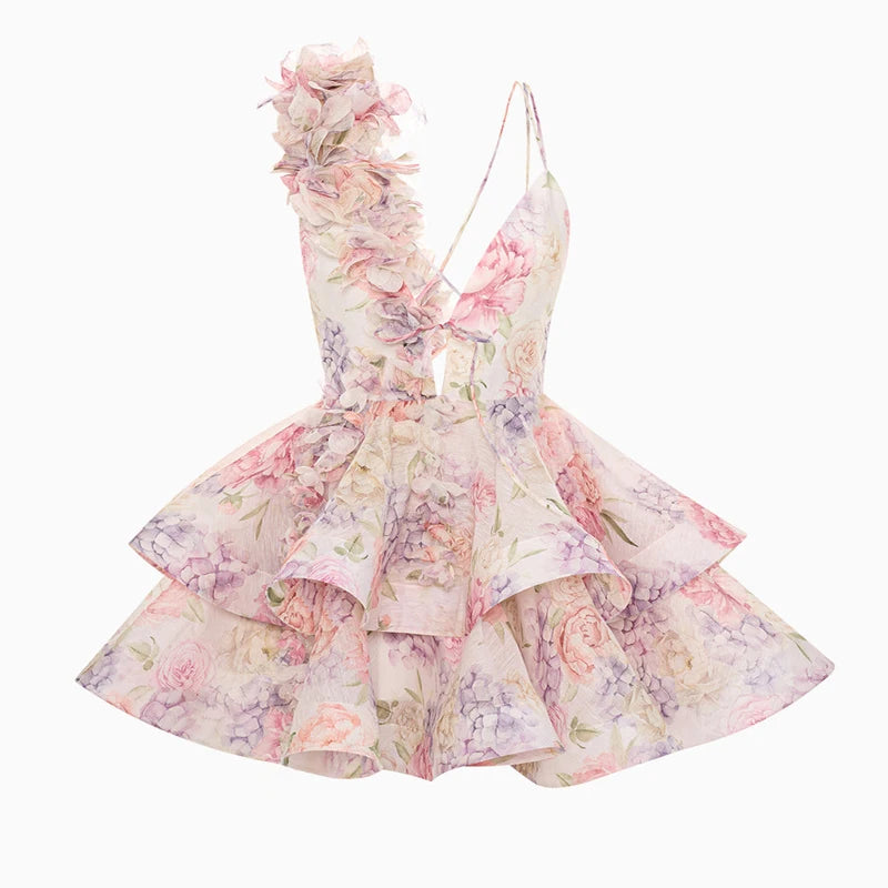 FSMG Sweet Pink 3D Flower Ruffles Mini Camisole Dress Fashion Sexy V Neck Sleeveless Backless Short Skirt Evening Party Vestidos