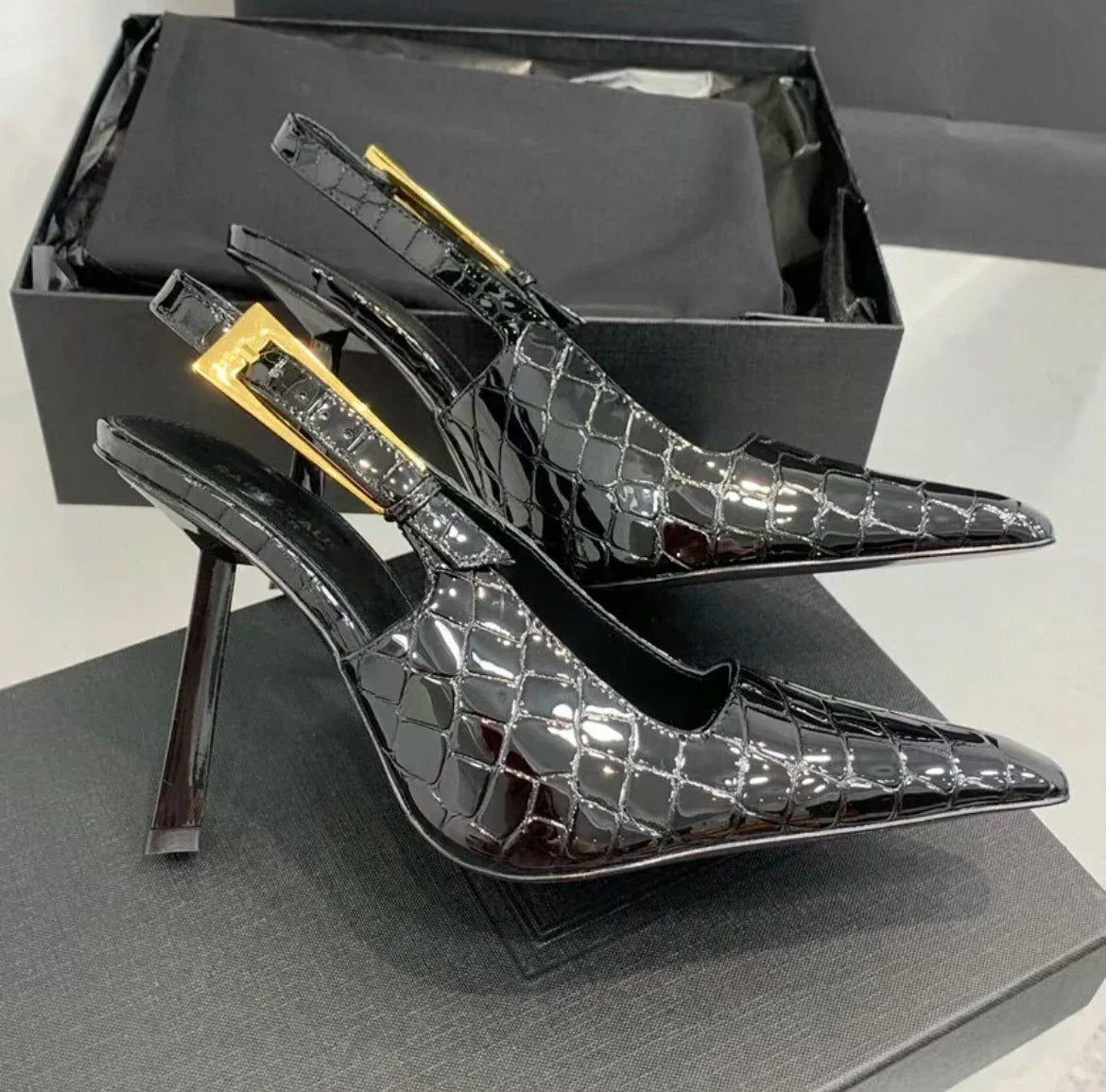 Black Pointed Toe High Heels Thin Heel Metal Cap Sandals Women's Shoes Elegant Painted Leather Sexy Fine Heel New 2025
