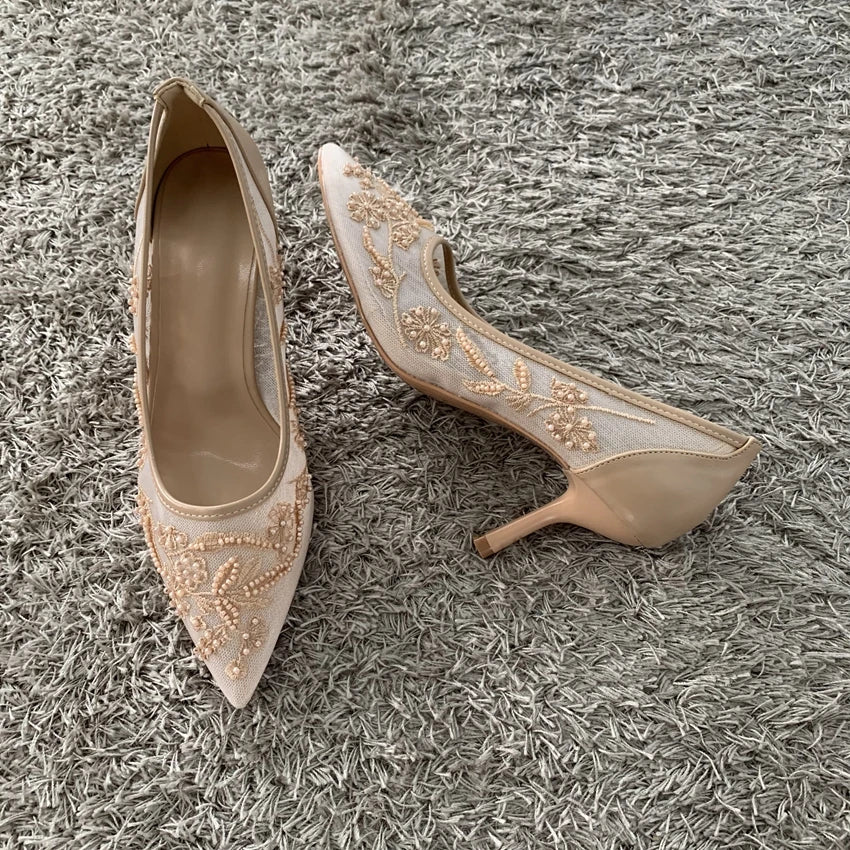 String Bead Mesh Embroider High Heels Women Sexy Pointed Toe Heeled Sandals Summer Elegant Luxury Designer Wedding Pumps Shoes