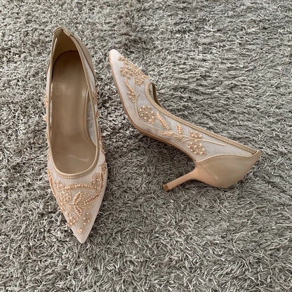 String Bead Mesh Embroider High Heels Women Sexy Pointed Toe Heeled Sandals Summer Elegant Luxury Designer Wedding Pumps Shoes