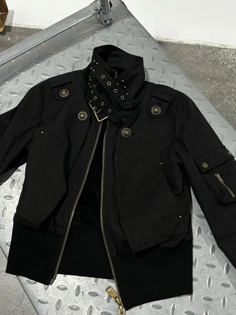 MEXZT Y2K Cropped Black Jacket Women Harajuku Vintage Stand Collar Coat Autumn Streetwear Grunge Long Sleeve Zipper Outerwears