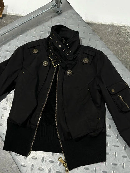 MEXZT Y2K Cropped Black Jacket Women Harajuku Vintage Stand Collar Coat Autumn Streetwear Grunge Long Sleeve Zipper Outerwears