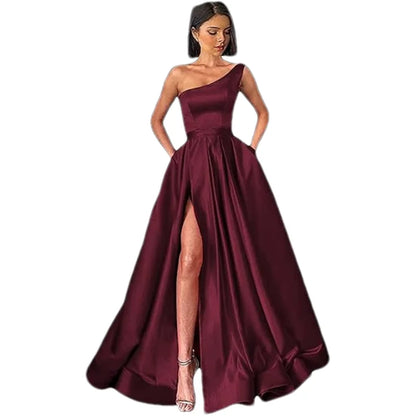 Customized Women's One Shoulder Prom Dresses Long Ball Gown High Slit Satin Corset Formal Dress Evening Gowns with Pockets