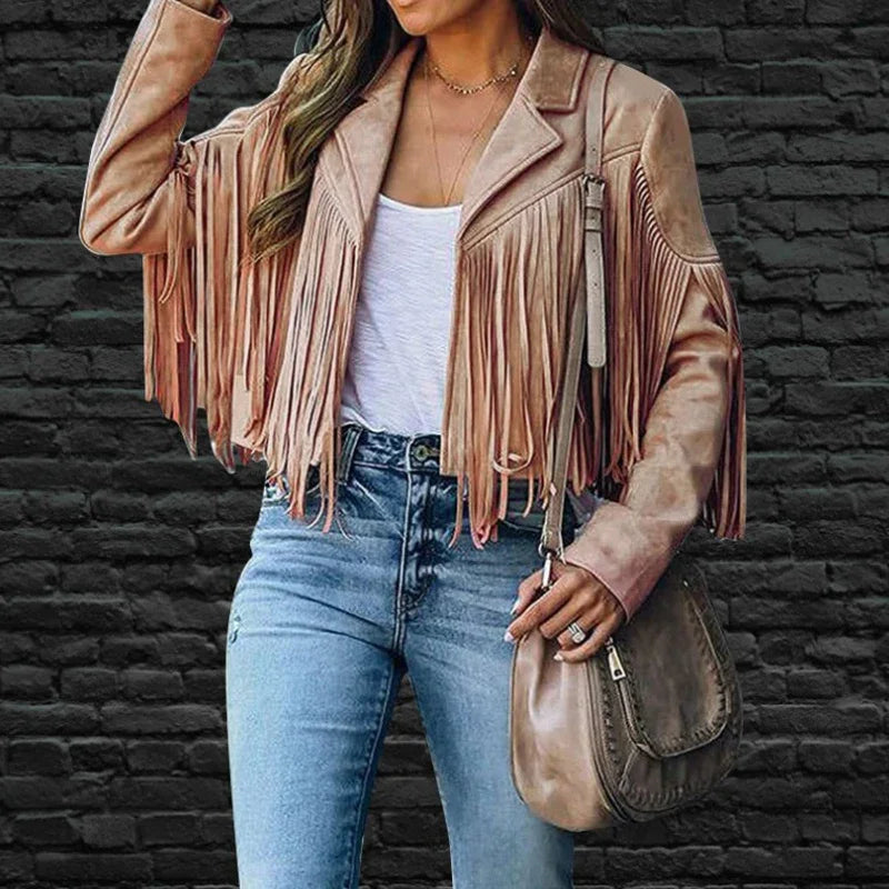 Women's Casual Fringe Cropped Jacket Western Boho Vintage Long Sleeve Zip Up Trendy Autumn Outerwear