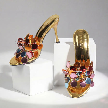 Floral High Heel Open Toe Sandals Women's Versatile Casual Slip-On Shoes Fashionable European Style round Toe Rubber Outsole