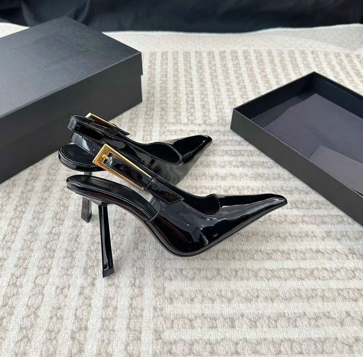 Black Pointed Toe High Heels Thin Heel Metal Cap Sandals Women's Shoes Elegant Painted Leather Sexy Fine Heel New 2025