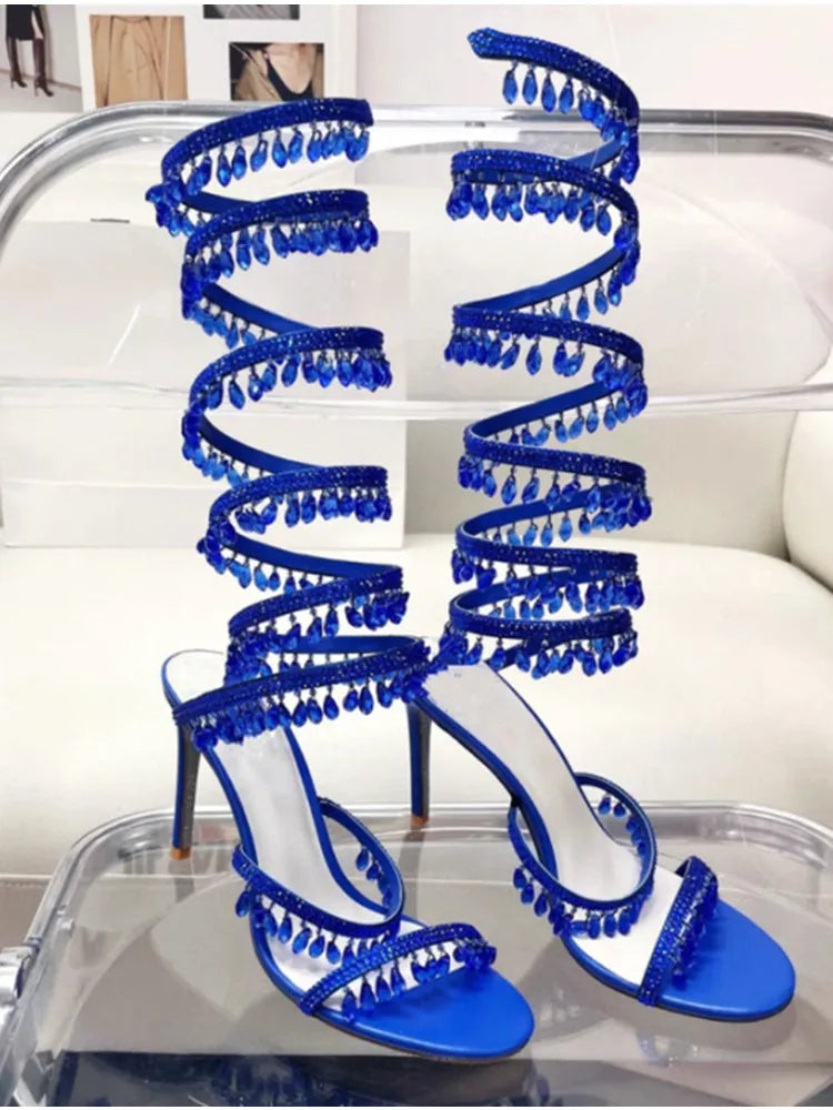 2024Women's New Water Diamond Sandals Fashion Tassel Crystal Shoes Sexy Banquet Party Twin Stiletto Women's Large Sandals