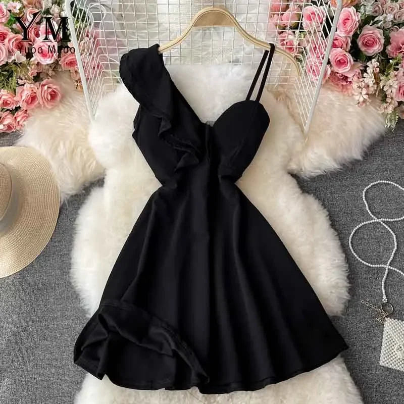 Ins Fashion Sexy Backless One Shoulder Strap Club Dress Chic High Waist A-line Mini Dress Women Red Party Dress