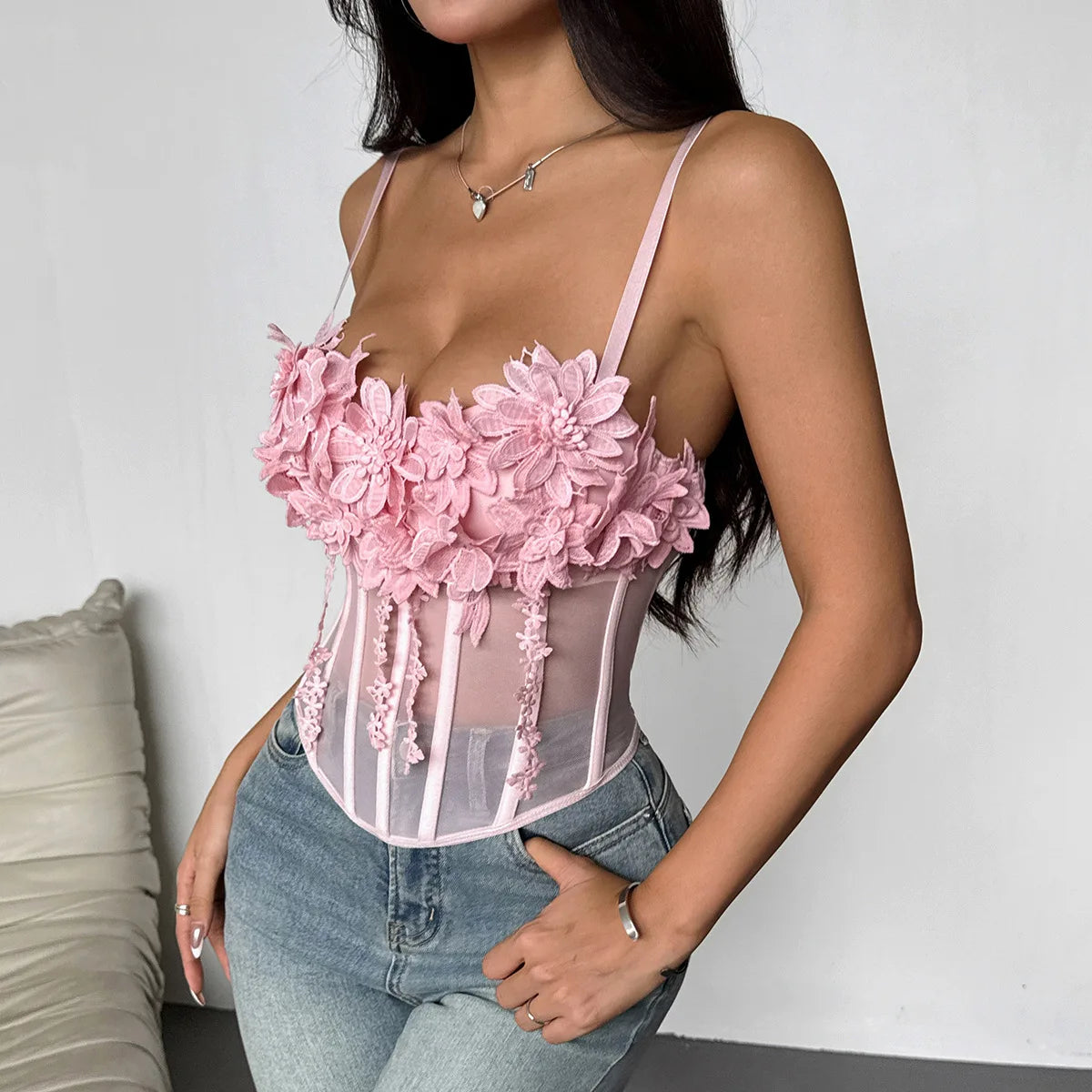 SINGREINY Sheer Gauze 3D Flowers Corset Women Pink Sexy Straps Slim Tops Fashion Streetwear Ladies Short French Chic Sweet Camis