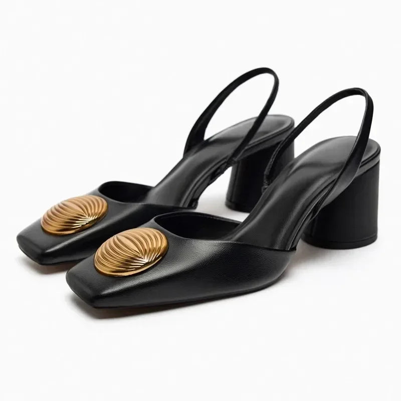 Designer Brand Sandals Women Pumps Metal Decoration Fashion Square Toe Chunky Heels Dress Shoes Elegant High Heels Ladies Mules
