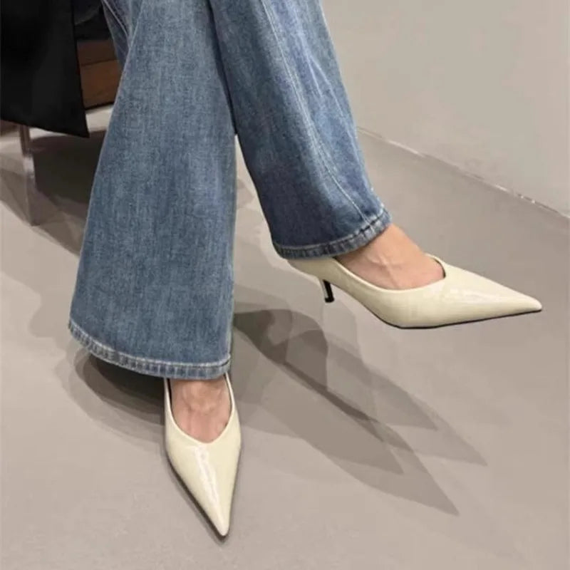 Small Foot Leather High Heels Women's Stiletto Spring and Autumn New Style Not Tired Tiptoe Work Professional Single Shoes
