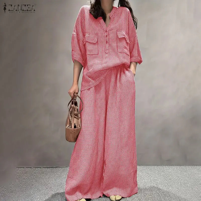 Women Pants Sets ZANZEA Fashion Summer 2 Piece Sets Plaid Outfits Casual Half Sleeve Blouse Wide Leg Trousers Street Tracksuit