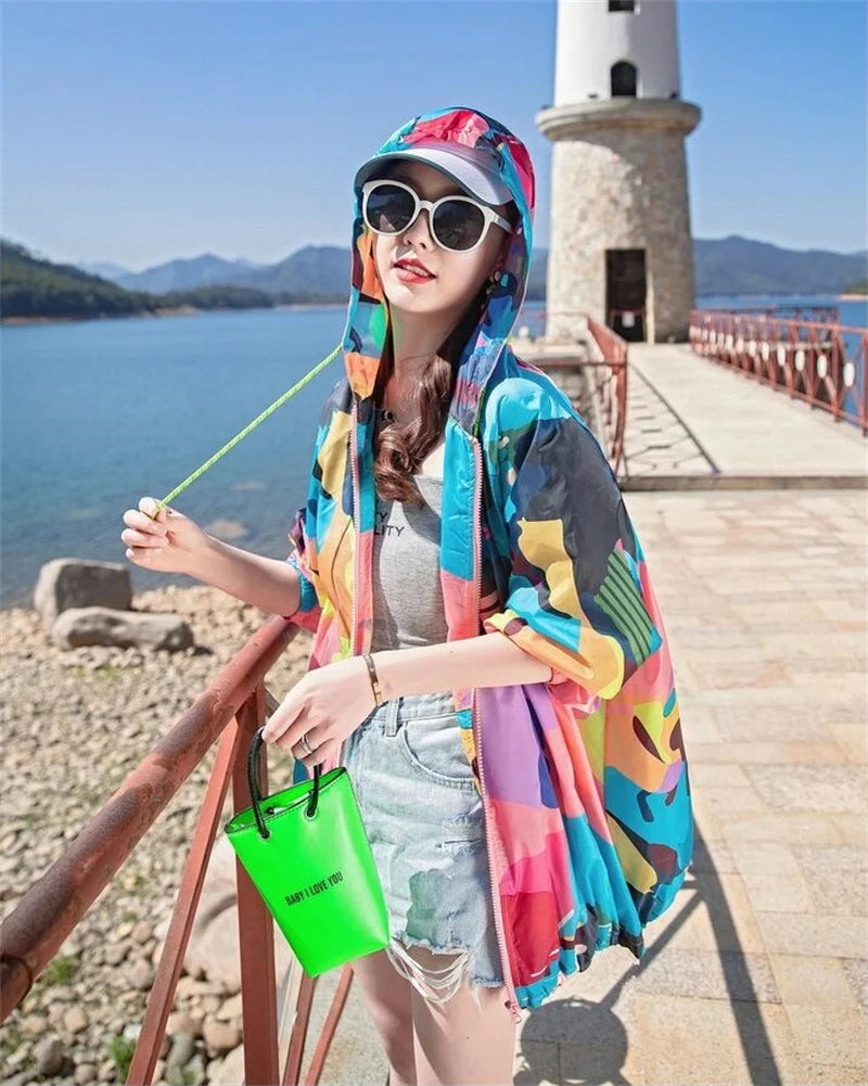 Female 2024 Summer New Camouflage Thin Sun Protection Clothing Women Short Anti-Ultraviolet Korean Sun Protection Clothing A1137