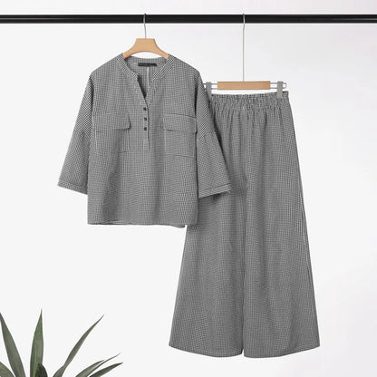 Women Pants Sets ZANZEA Fashion Summer 2 Piece Sets Plaid Outfits Casual Half Sleeve Blouse Wide Leg Trousers Street Tracksuit