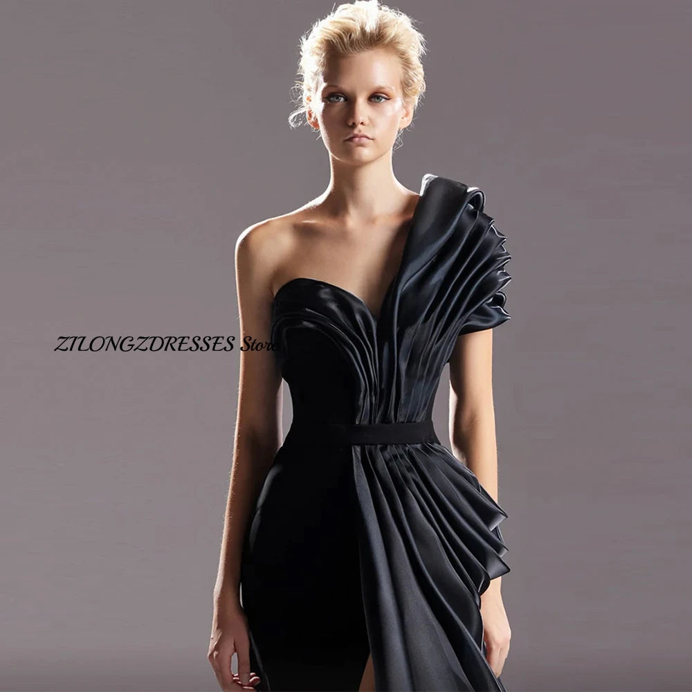 Elegant Black One Shoulder Customized Evening Dress Formal High Split Zipper Back Homecoming Dresses Special Occasion Gowns