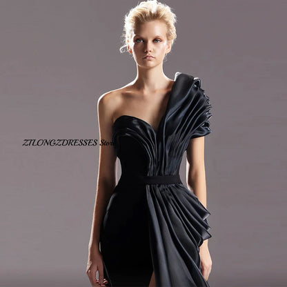 Elegant Black One Shoulder Customized Evening Dress Formal High Split Zipper Back Homecoming Dresses Special Occasion Gowns